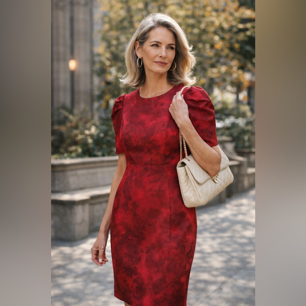 Calvin Klein Red Floral-Print Midi Sheath Dress